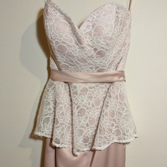 MORI LEE blush lace peplum strapless bridesmaid gown - Picture 4 of 14